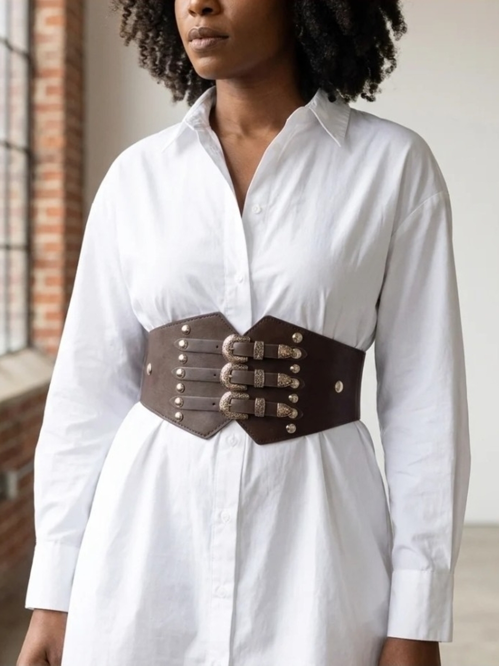 Brown 3 Buckle Wide Corset Waist Faux Leather Belt